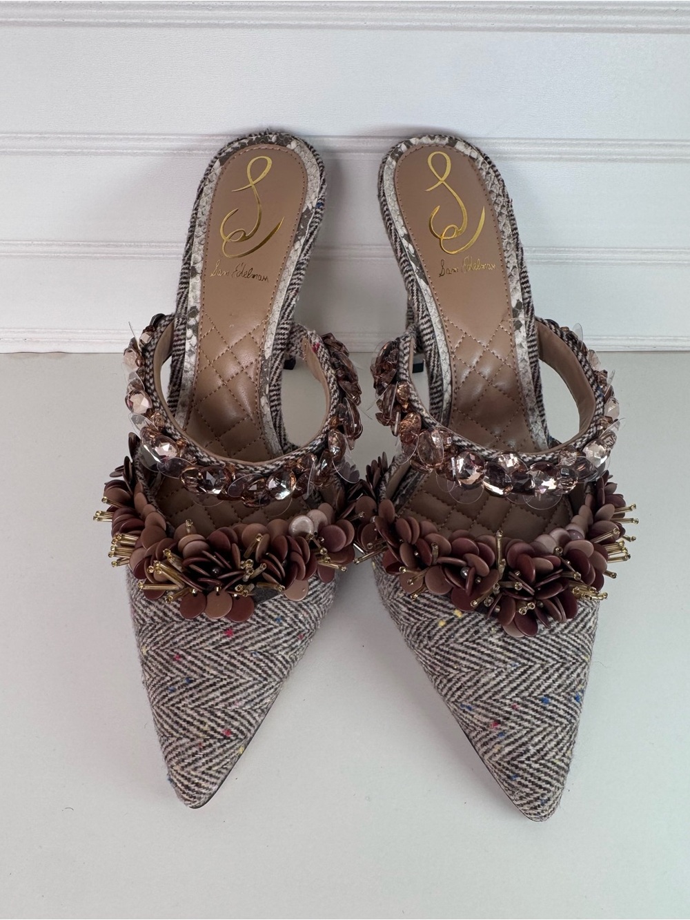 Sam Edelman Athena Brown Multi Embellished Tweed Stiletto Mules - 8 - NWOT - Picture 2 of 7